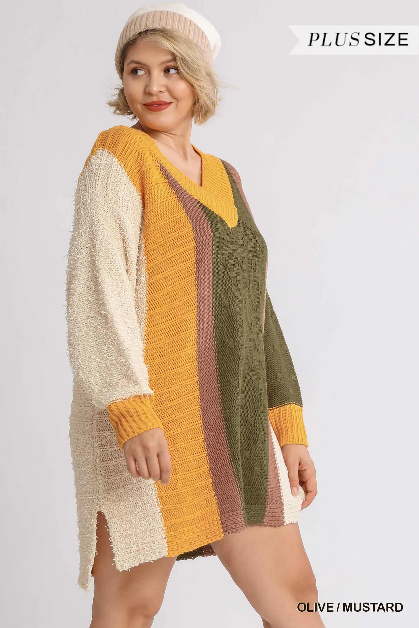 Oversized Multicolor Boucl V-neck Pullover Sweater Dress With Side Slit