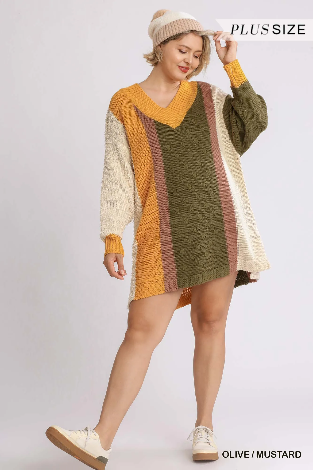 Oversized Multicolor Boucl V-neck Pullover Sweater Dress With Side Slit