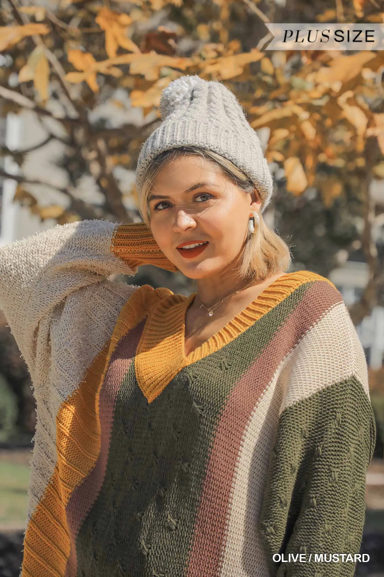 Oversized Multicolor Boucl V-neck Pullover Sweater Dress With Side Slit