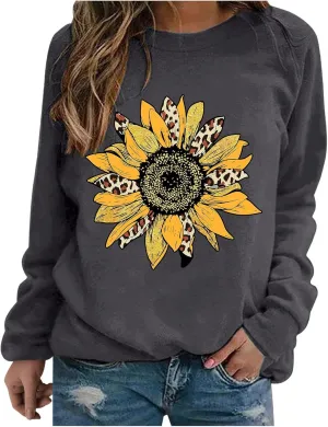 Oversized Sweatshirt for Women Hoodie Women's Sunflower Graphic Sweatshirt Casual Long Sleeve Graphic Shirts Print Trendy Pullover Comfy Tops Grey Large