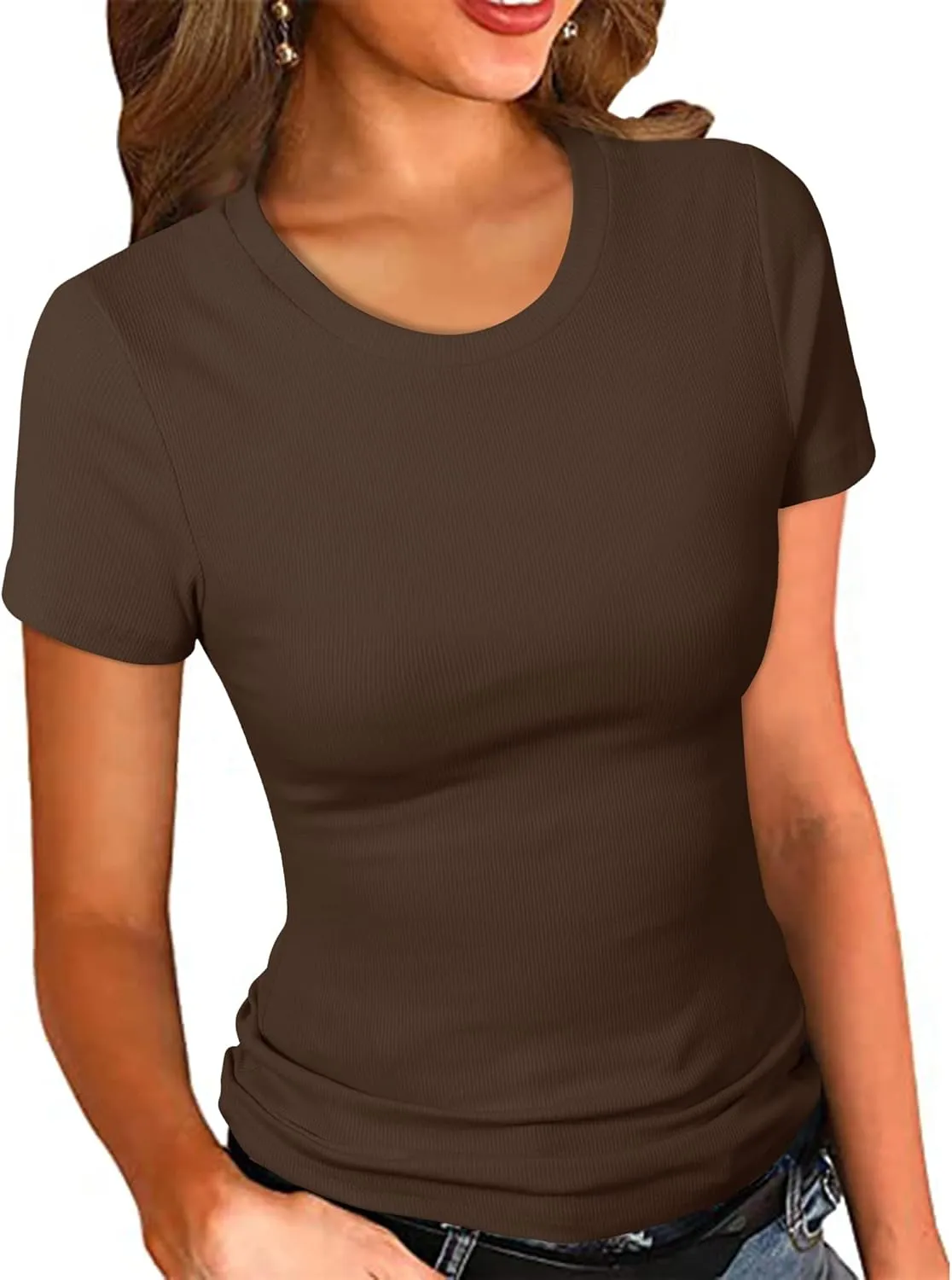 PALINDA Women's Crew Neck Ribbed Fitted Shirt Basic Short Sleeves Summer T Shirt Tops