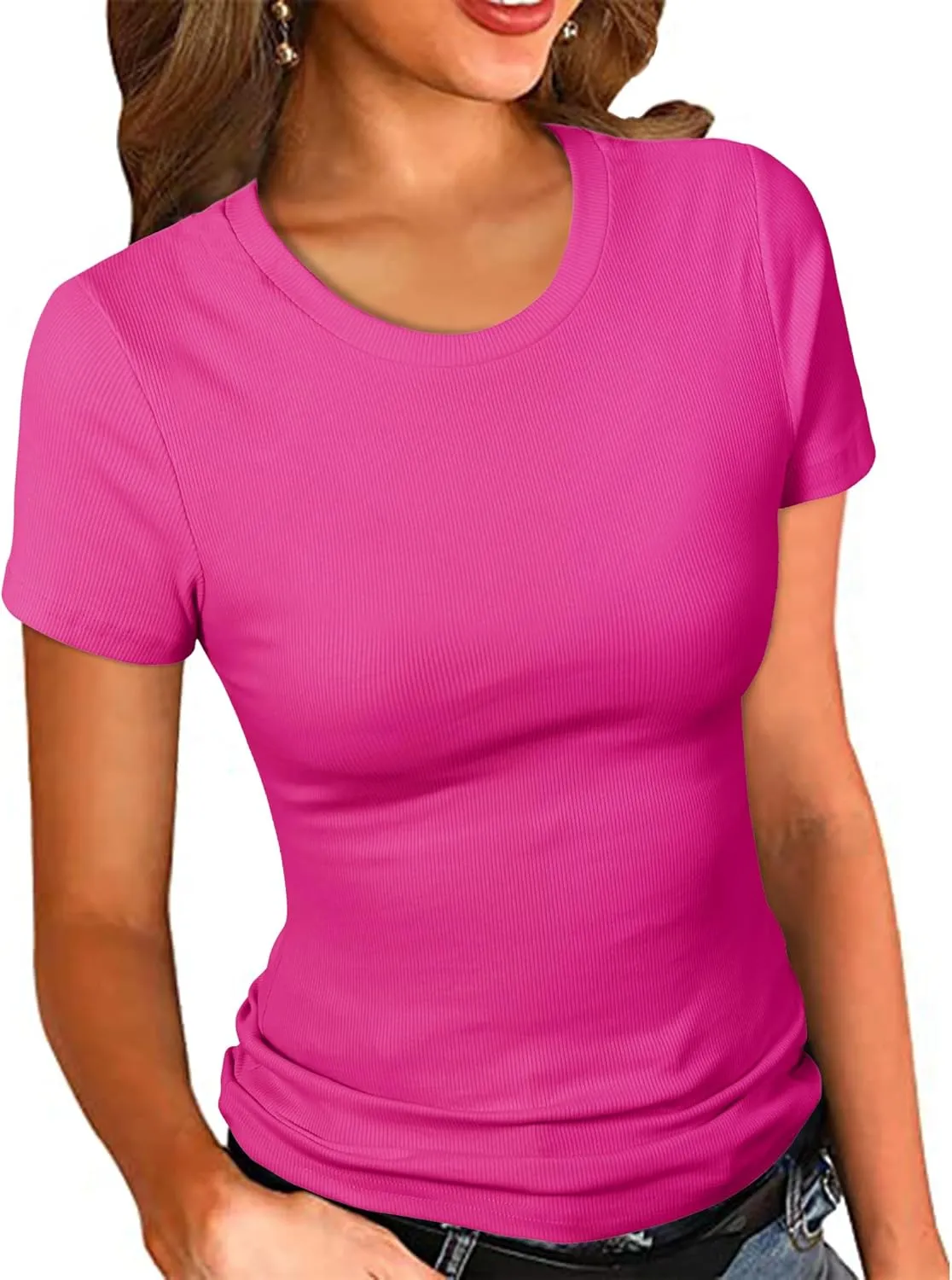 PALINDA Women's Crew Neck Ribbed Fitted Shirt Basic Short Sleeves Summer T Shirt Tops