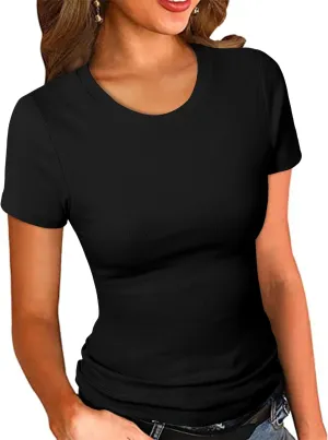PALINDA Women's Crew Neck Ribbed Fitted Shirt Basic Short Sleeves Summer T Shirt Tops