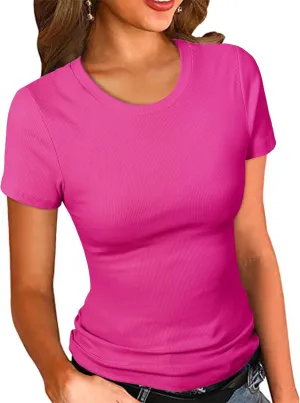 PALINDA Women's Crew Neck Ribbed Fitted Shirt Basic Short Sleeves Summer T Shirt Tops