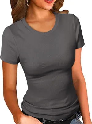 PALINDA Women's Crew Neck Ribbed Fitted Shirt Basic Short Sleeves Summer T Shirt Tops
