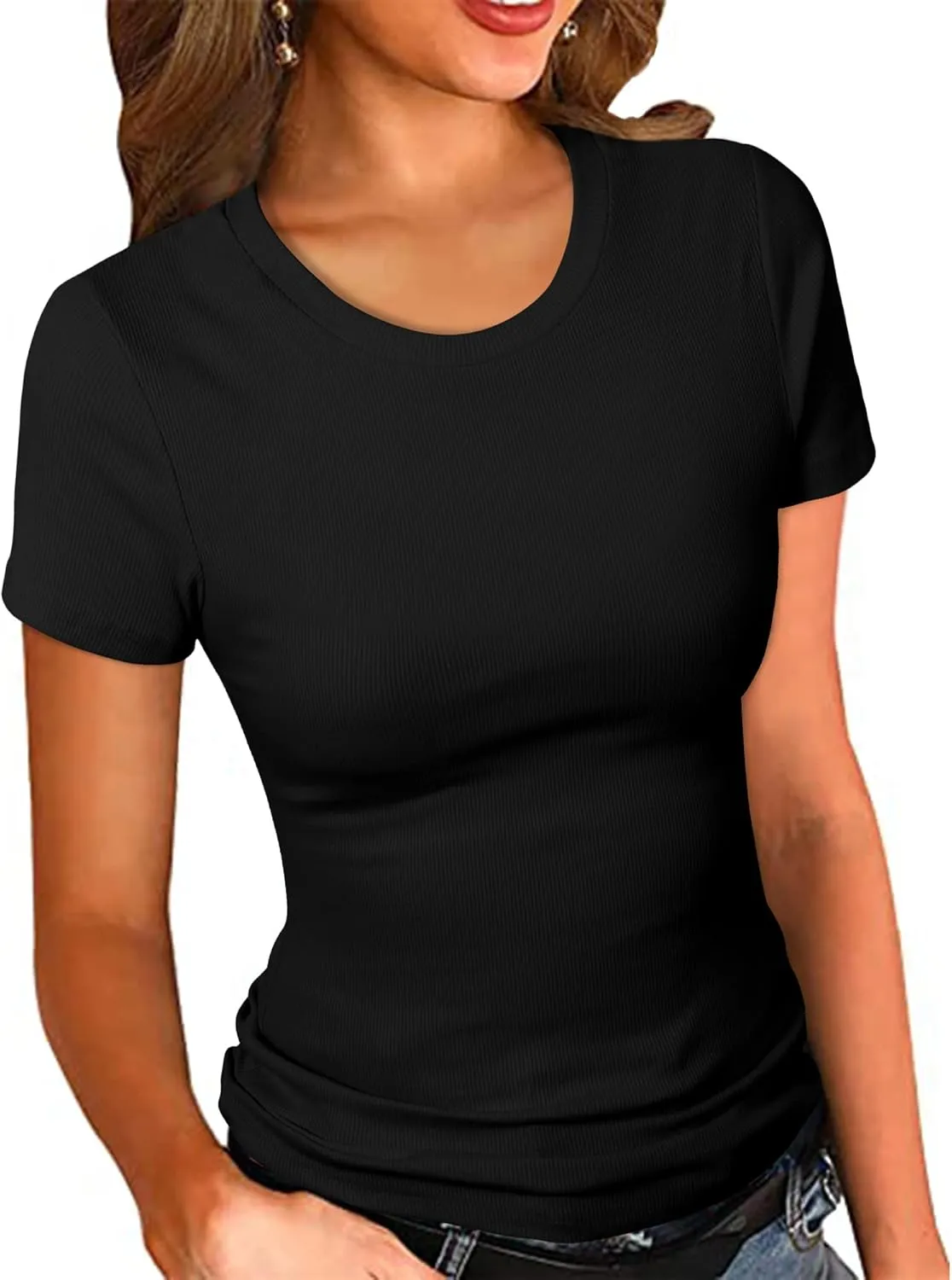 PALINDA Women's Crew Neck Ribbed Fitted Shirt Basic Short Sleeves Summer T Shirt Tops