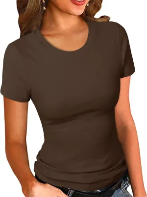 PALINDA Women's Crew Neck Ribbed Fitted Shirt Basic Short Sleeves Summer T Shirt Tops