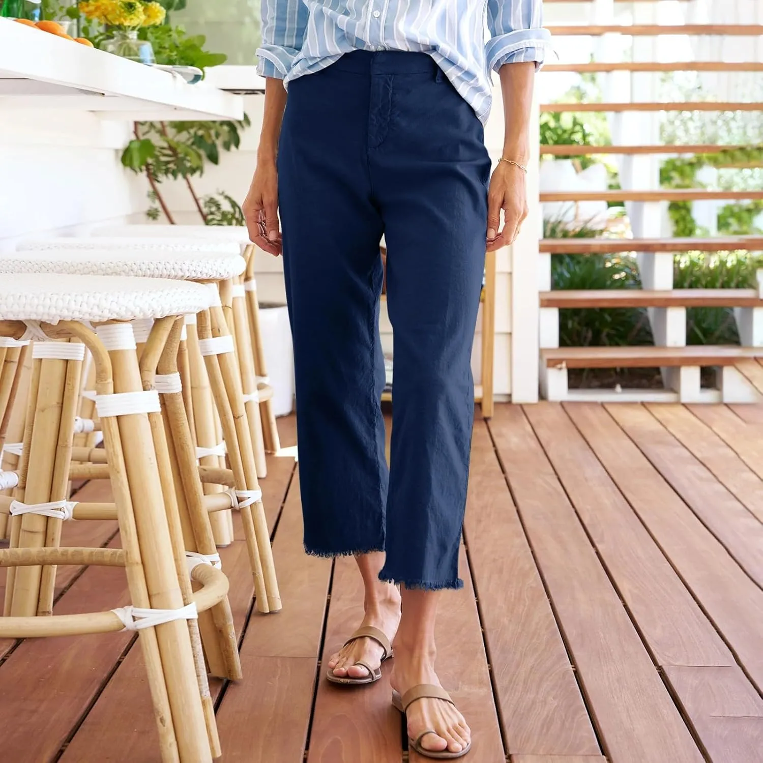 Pants for Women, Casual Pants Peasant Plus Size Straight Leg Linen Plaid
