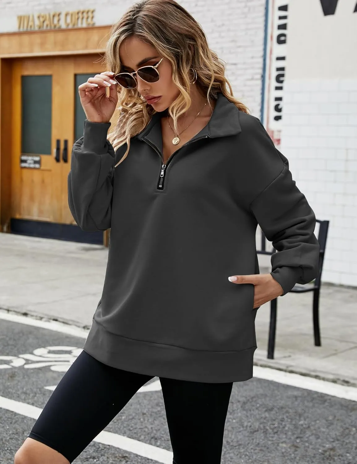 PEHMEA Womens Oversized Half Zip Pullover Long Sleeve Sweatshirt Quarter Zip Hoodie Trendy Sweater Fall Y2K Clothes