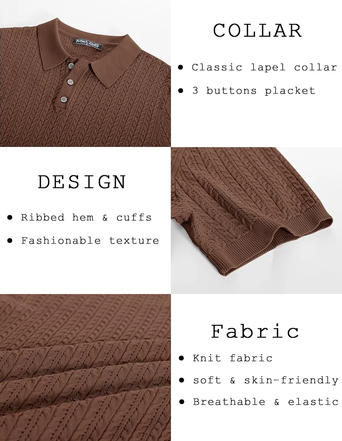 PJ PAUL JONES Mens Knit Polo Shirt Short Sleeve Hollow Out Knit Shirt Texture Knitted Polo