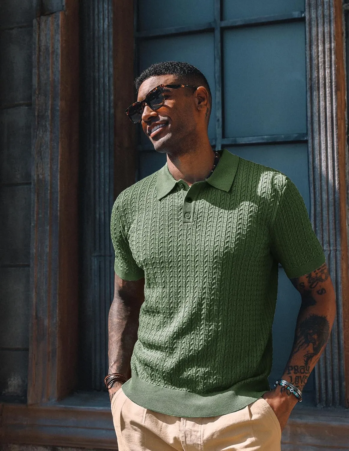 PJ PAUL JONES Mens Knit Polo Shirt Short Sleeve Hollow Out Knit Shirt Texture Knitted Polo