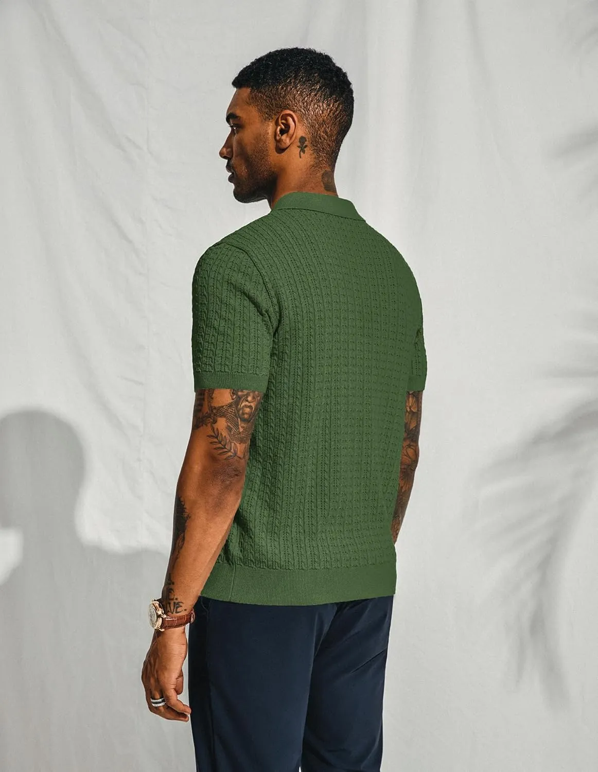 PJ PAUL JONES Mens Knit Polo Shirt Short Sleeve Hollow Out Knit Shirt Texture Knitted Polo