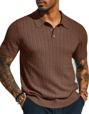 PJ PAUL JONES Mens Knit Polo Shirt Short Sleeve Hollow Out Knit Shirt Texture Knitted Polo