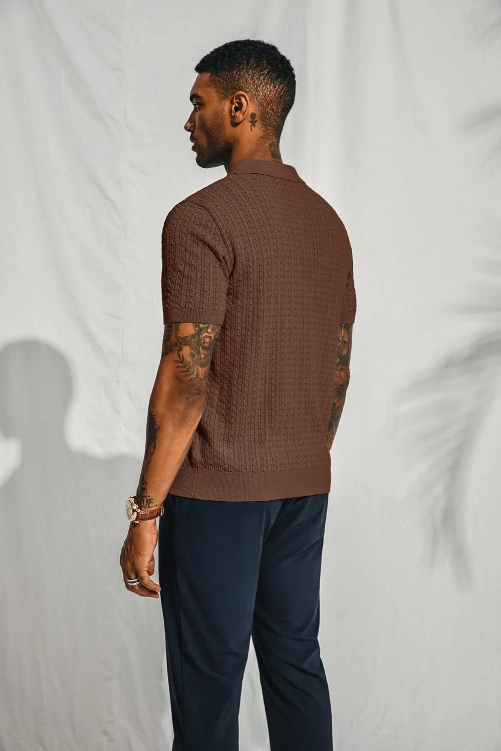 PJ PAUL JONES Mens Knit Polo Shirt Short Sleeve Hollow Out Knit Shirt Texture Knitted Polo