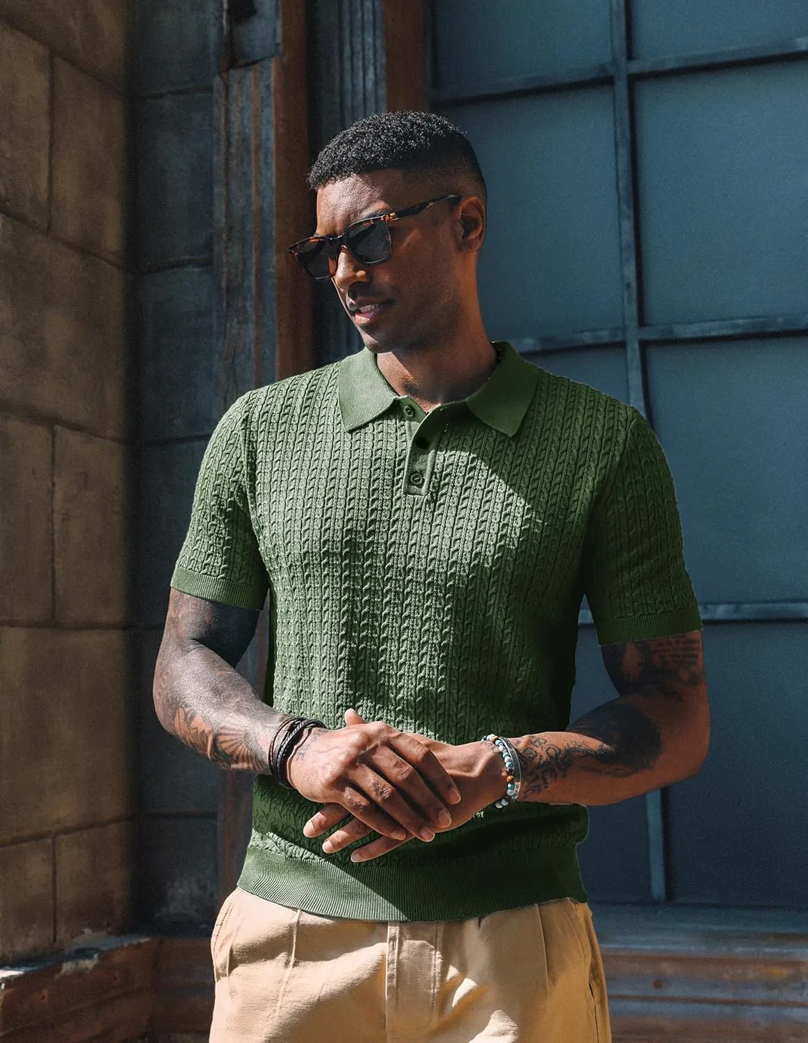 PJ PAUL JONES Mens Knit Polo Shirt Short Sleeve Hollow Out Knit Shirt Texture Knitted Polo