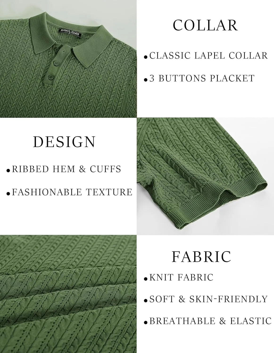 PJ PAUL JONES Mens Knit Polo Shirt Short Sleeve Hollow Out Knit Shirt Texture Knitted Polo