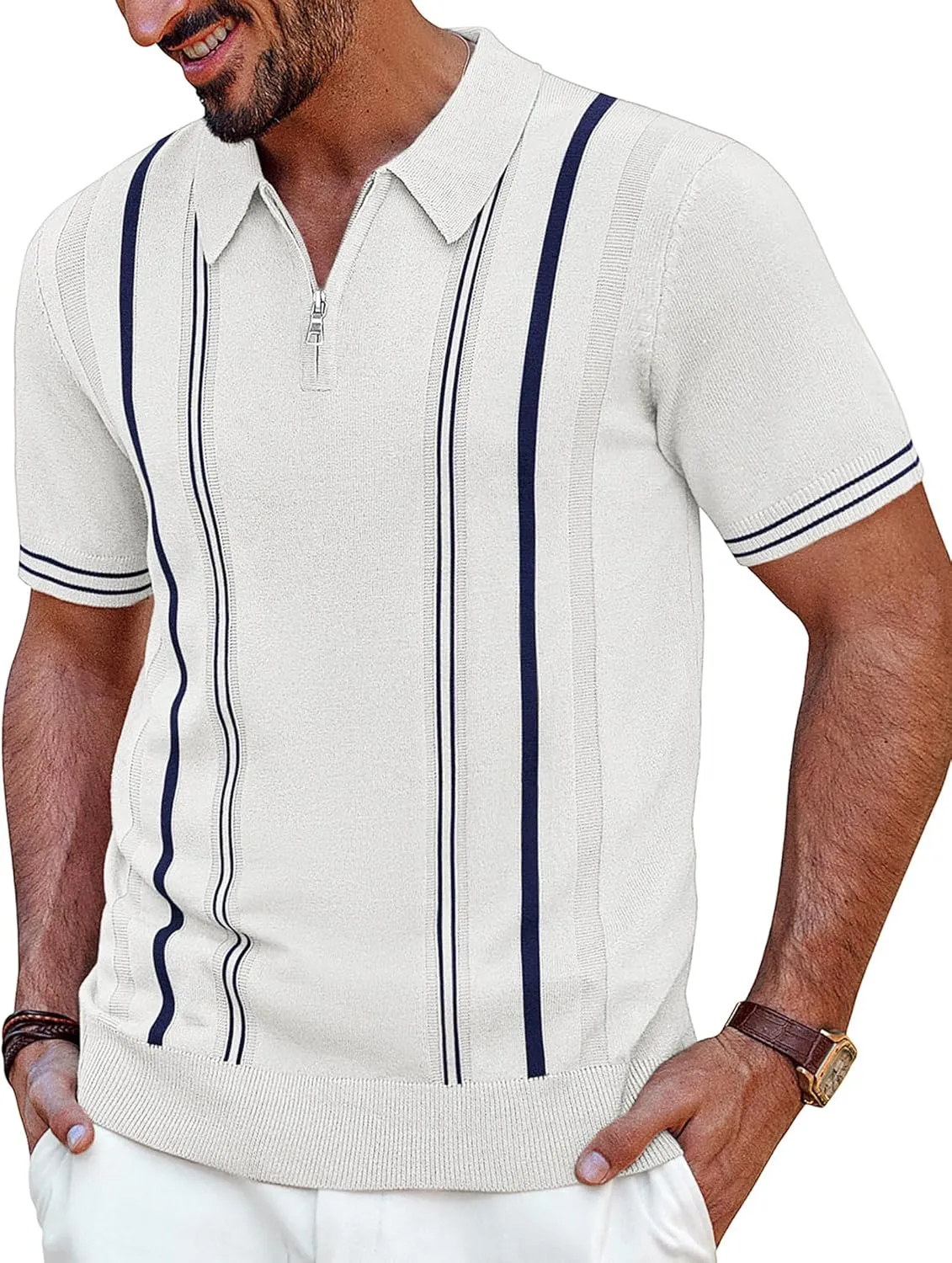 PJ PAUL JONES Mens Polo Shirts Quarter Zip Knit Shirt Vintage Short Sleeve Summer Shirt