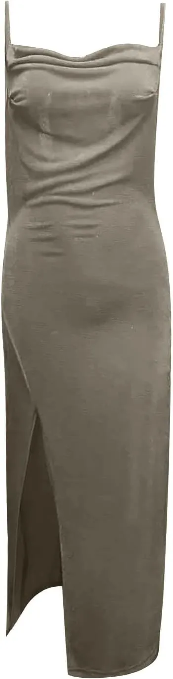 Plus Size Slip Dress for Women Side Slit Midi Cowl Neck Dresses Party Spaghetti Cami Drape Evening S-3XL