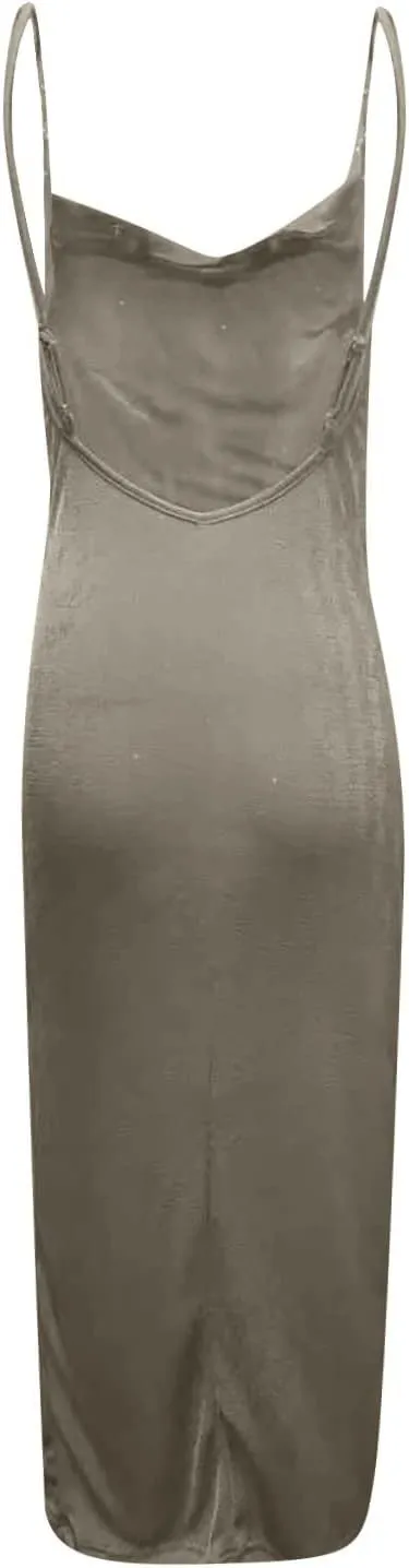 Plus Size Slip Dress for Women Side Slit Midi Cowl Neck Dresses Party Spaghetti Cami Drape Evening S-3XL