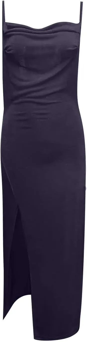 Plus Size Slip Dress for Women Side Slit Midi Cowl Neck Dresses Party Spaghetti Cami Drape Evening S-3XL