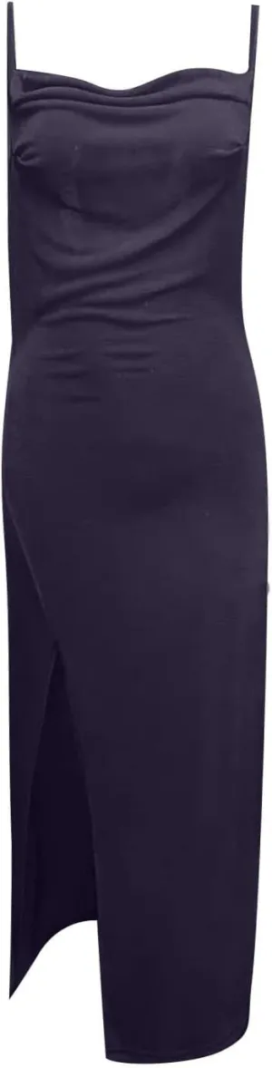 Plus Size Slip Dress for Women Side Slit Midi Cowl Neck Dresses Party Spaghetti Cami Drape Evening S-3XL