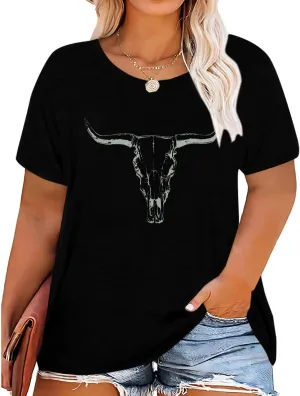 Plus Size Western Shirt for Women Cow Skull Shirt Boho Cowgirl T-Shirt Rodeo Graphic Tee Vintage Country Music Tops