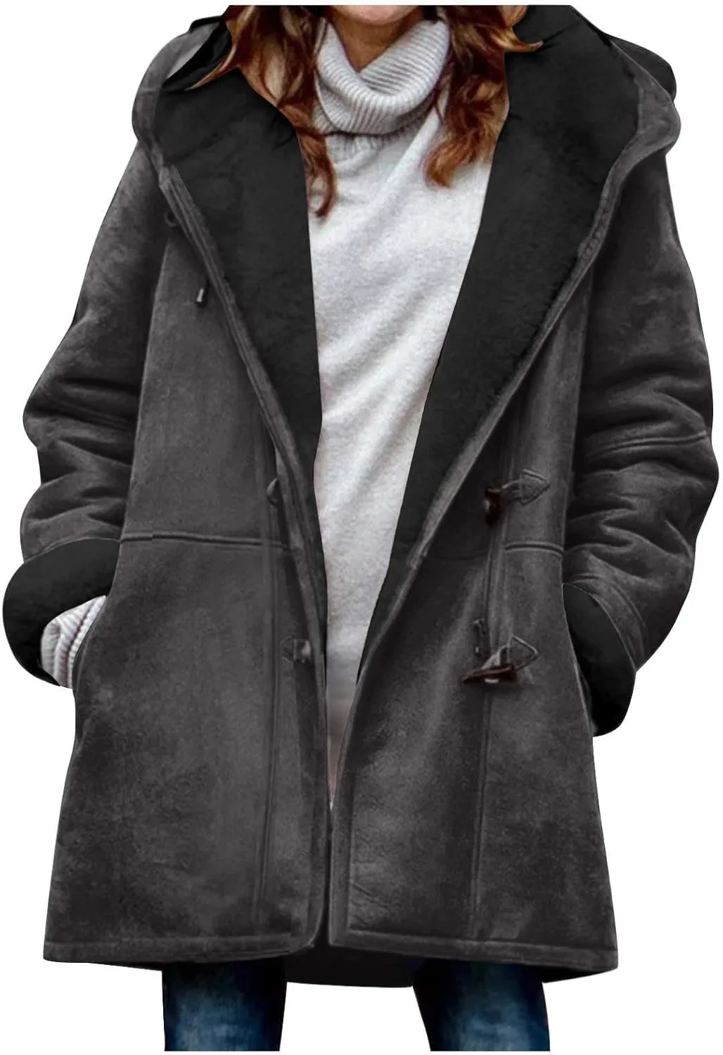 Plus Size Winter Coats For Women 2024 Warm Sherpa Fleece Lined Jackets Horn Button Hooded Suede Pea Coat Outerwear