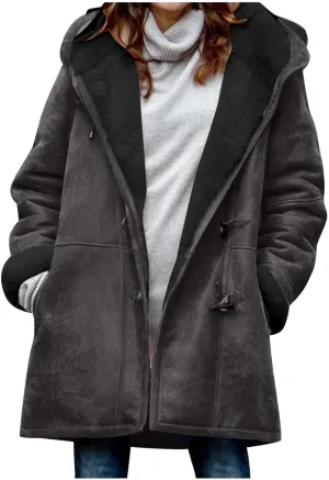 Plus Size Winter Coats For Women 2024 Warm Sherpa Fleece Lined Jackets Horn Button Hooded Suede Pea Coat Outerwear