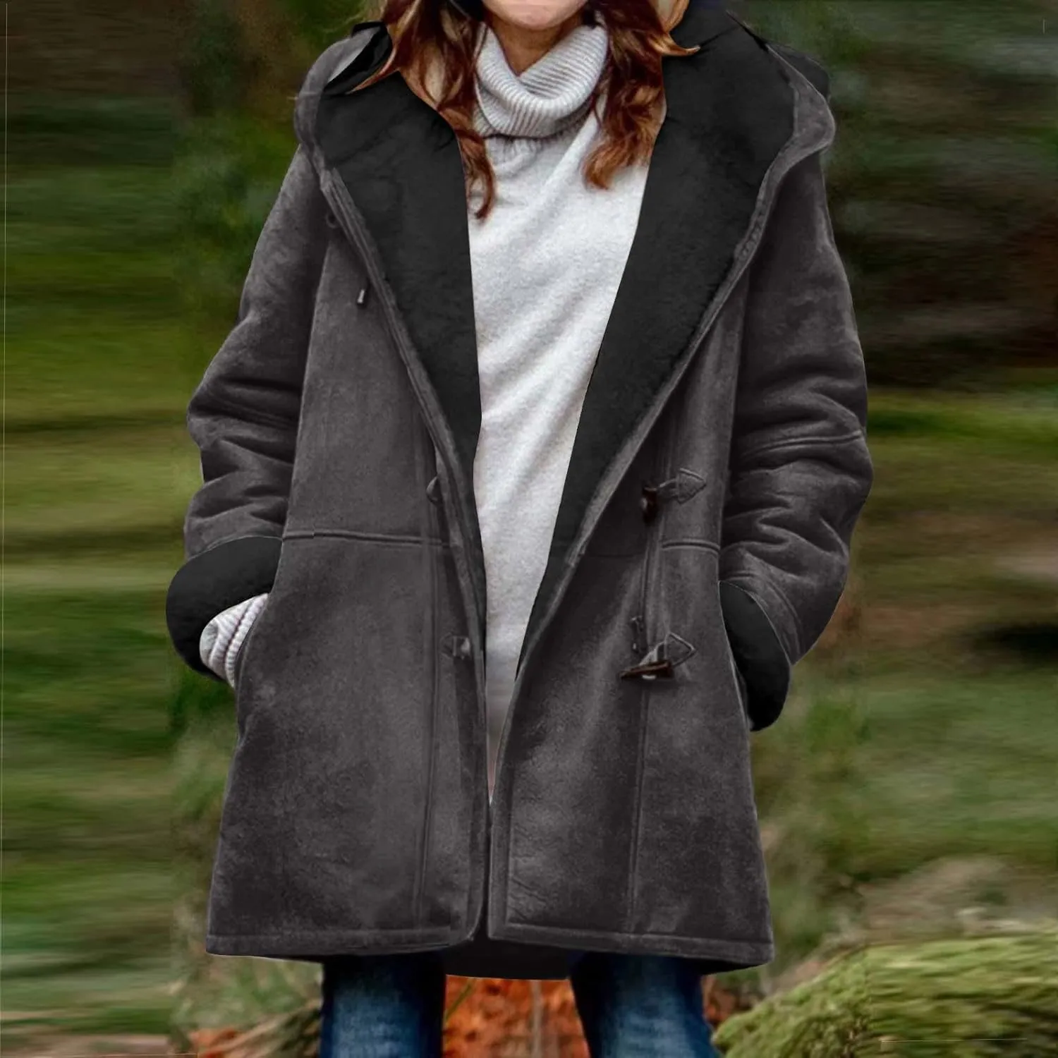 Plus Size Winter Coats For Women 2024 Warm Sherpa Fleece Lined Jackets Horn Button Hooded Suede Pea Coat Outerwear