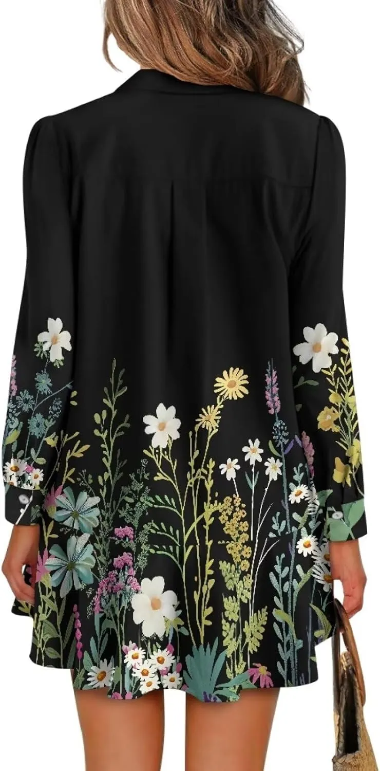 POLERO Womens Shirt Dress with Pockets Long Sleeve Mini Dresses Tunic Shirt Short Dresses