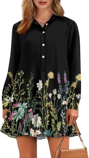 POLERO Womens Shirt Dress with Pockets Long Sleeve Mini Dresses Tunic Shirt Short Dresses