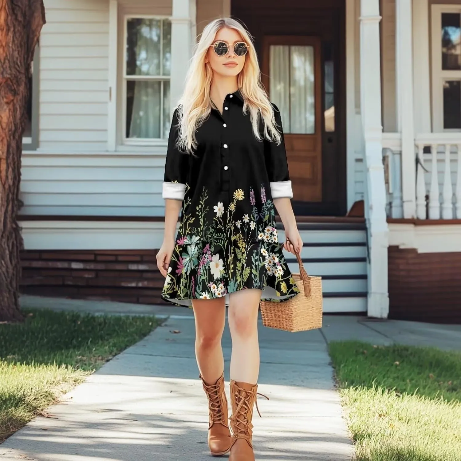 POLERO Womens Shirt Dress with Pockets Long Sleeve Mini Dresses Tunic Shirt Short Dresses
