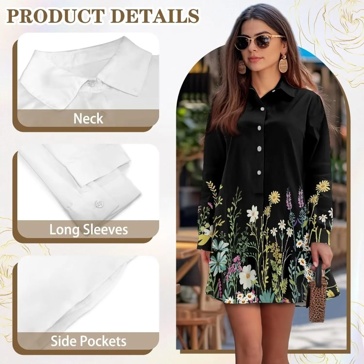 POLERO Womens Shirt Dress with Pockets Long Sleeve Mini Dresses Tunic Shirt Short Dresses