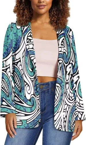 Polynesian Tapa Puletasi Samoan Puletasi Blazer for Woman Plus Size Long Sleeve Blazer Jackets with Pockets