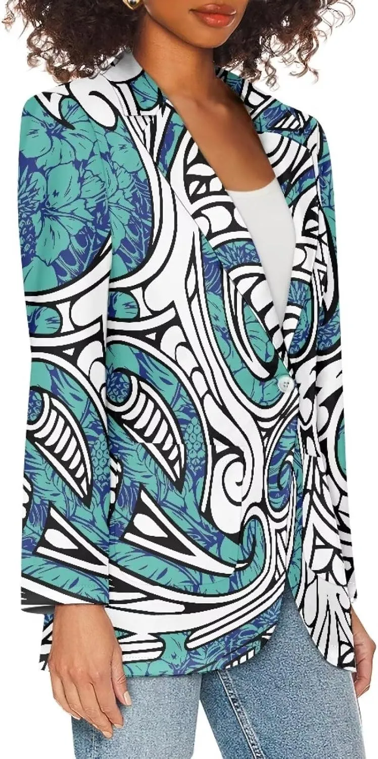 Polynesian Tapa Puletasi Samoan Puletasi Blazer for Woman Plus Size Long Sleeve Blazer Jackets with Pockets
