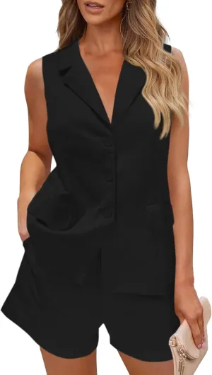 PRETTYGARDEN Women Summer 2 Piece Outfits 2025 Casual Lapel V Neck Button Down Vest Shorts Set Business Work Blazer Sets