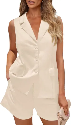 PRETTYGARDEN Women Summer 2 Piece Outfits 2025 Casual Lapel V Neck Button Down Vest Shorts Set Business Work Blazer Sets