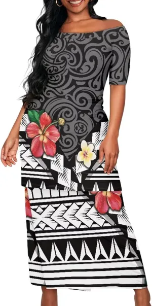 Puletasi Traditional Off Shoulder Dress Plus Size Tops and Skirt Sets