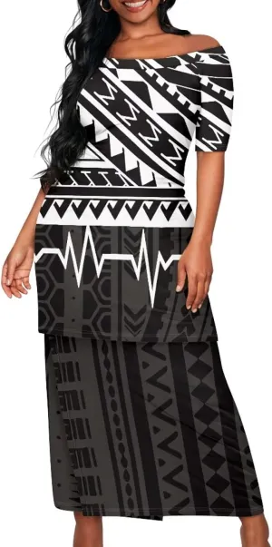Puletasi Traditional Off Shoulder Dress Plus Size Tops and Skirt Sets