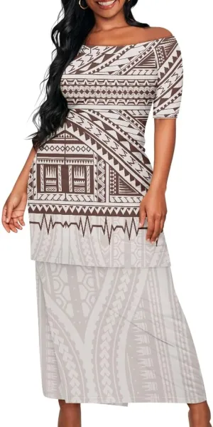 Puletasi Traditional Off Shoulder Dress Plus Size Tops and Skirt Sets