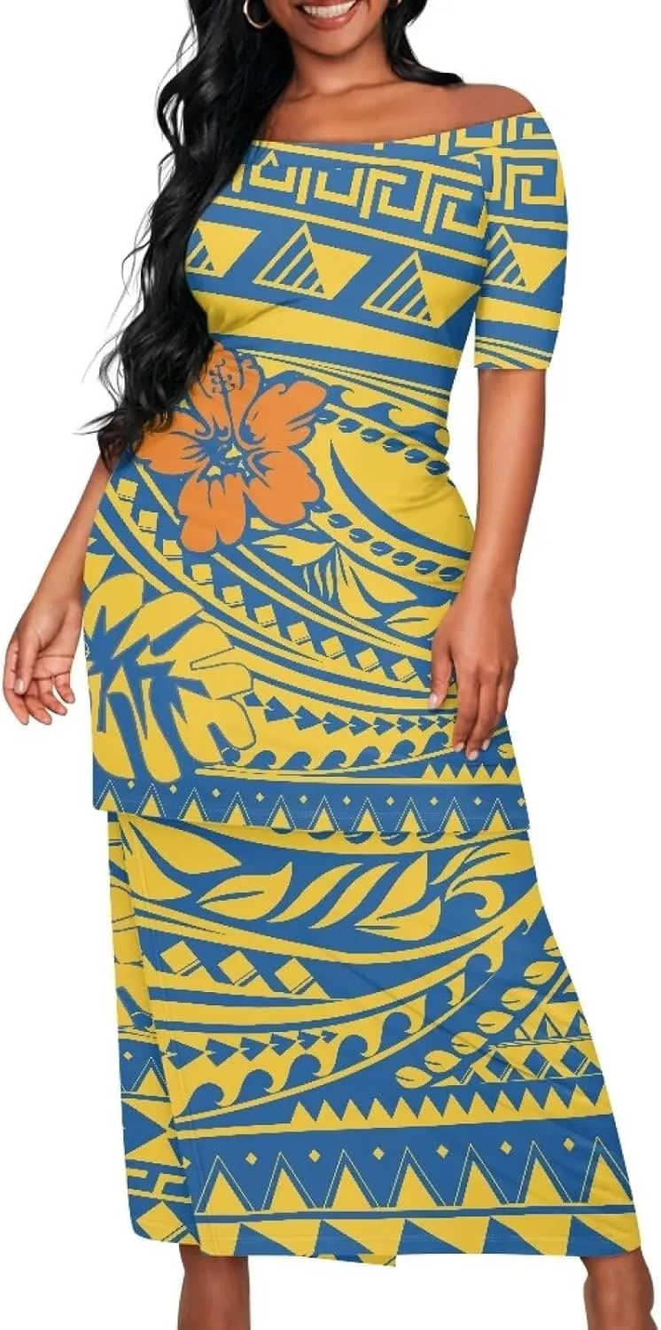 Puletasi Traditional Off Shoulder Dress Plus Size Tops and Skirt Sets