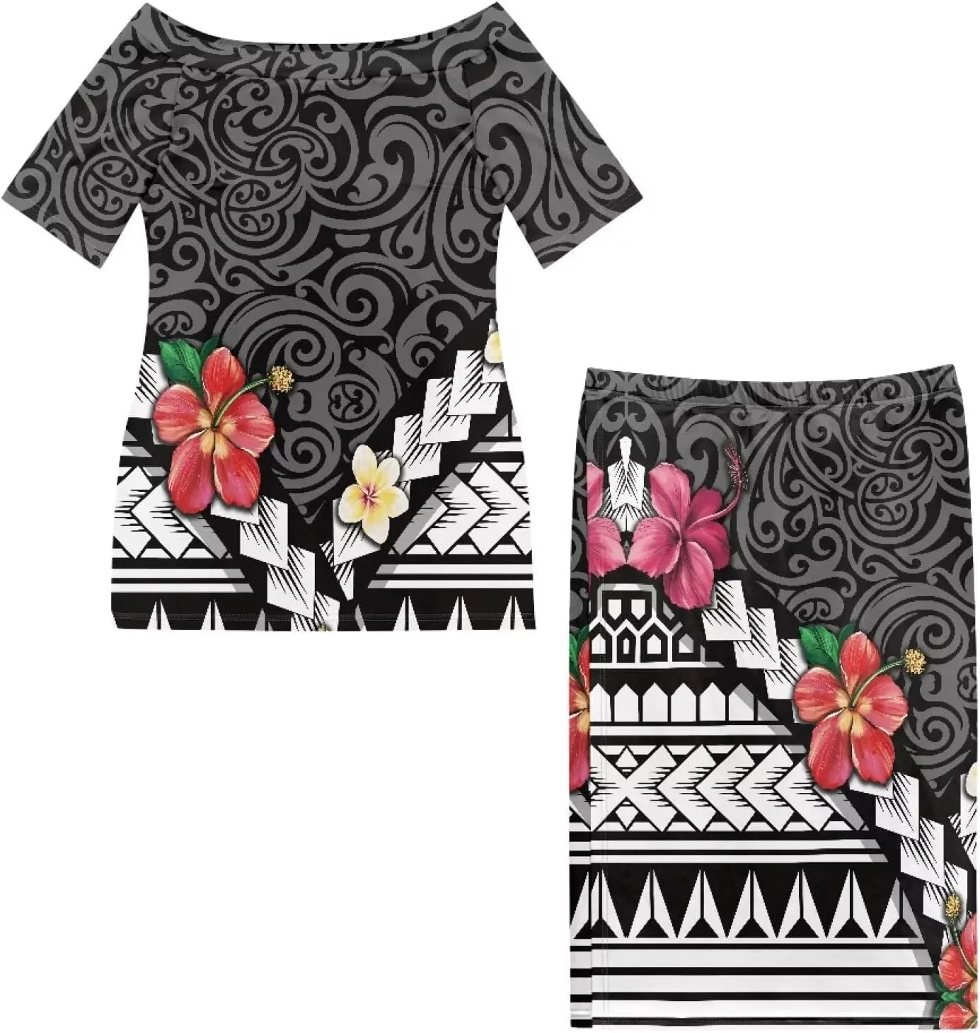 Puletasi Traditional Off Shoulder Dress Plus Size Tops and Skirt Sets