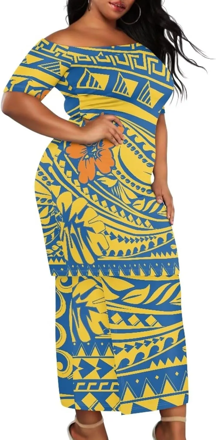 Puletasi Traditional Off Shoulder Dress Plus Size Tops and Skirt Sets