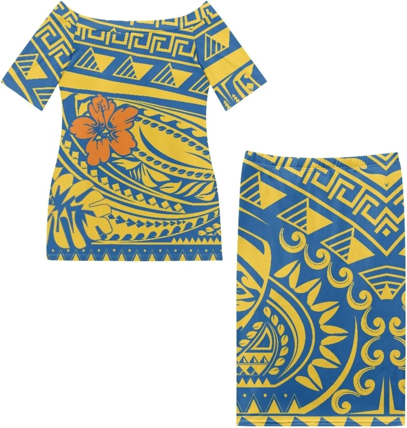 Puletasi Traditional Off Shoulder Dress Plus Size Tops and Skirt Sets