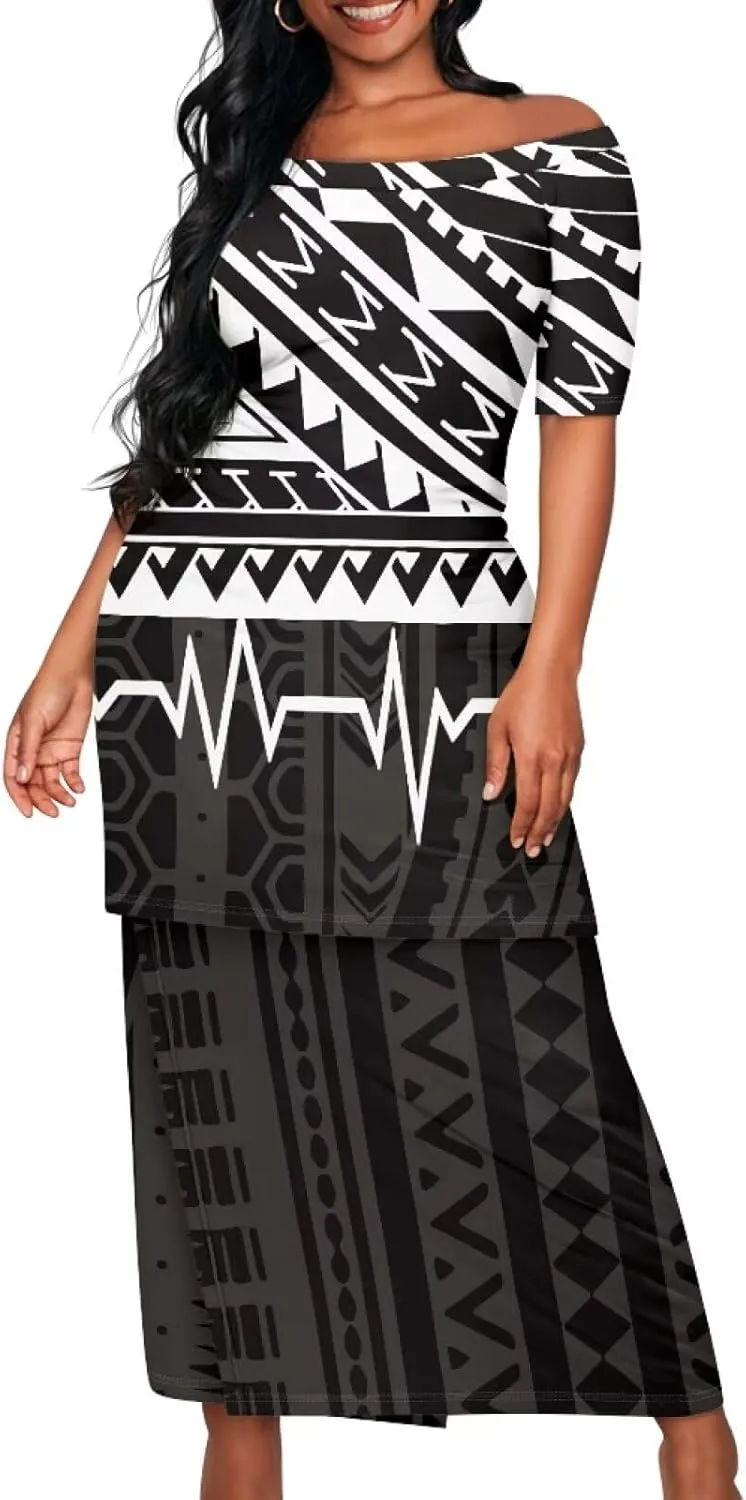 Puletasi Traditional Off Shoulder Dress Plus Size Tops and Skirt Sets