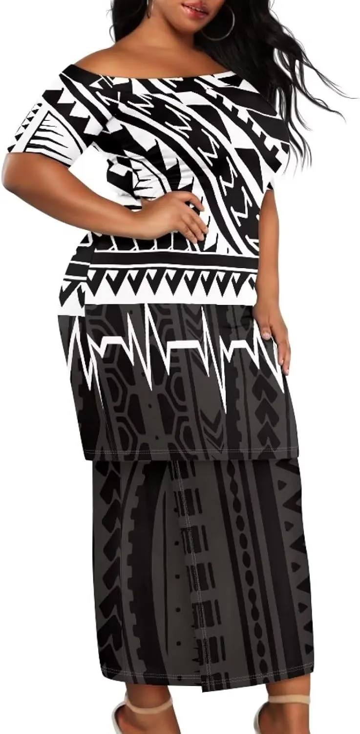 Puletasi Traditional Off Shoulder Dress Plus Size Tops and Skirt Sets