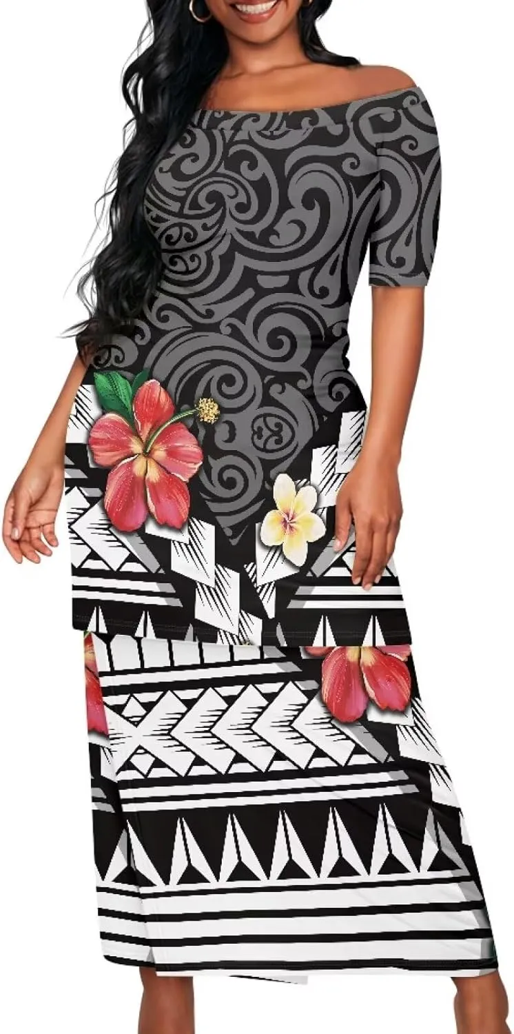 Puletasi Traditional Off Shoulder Dress Plus Size Tops and Skirt Sets
