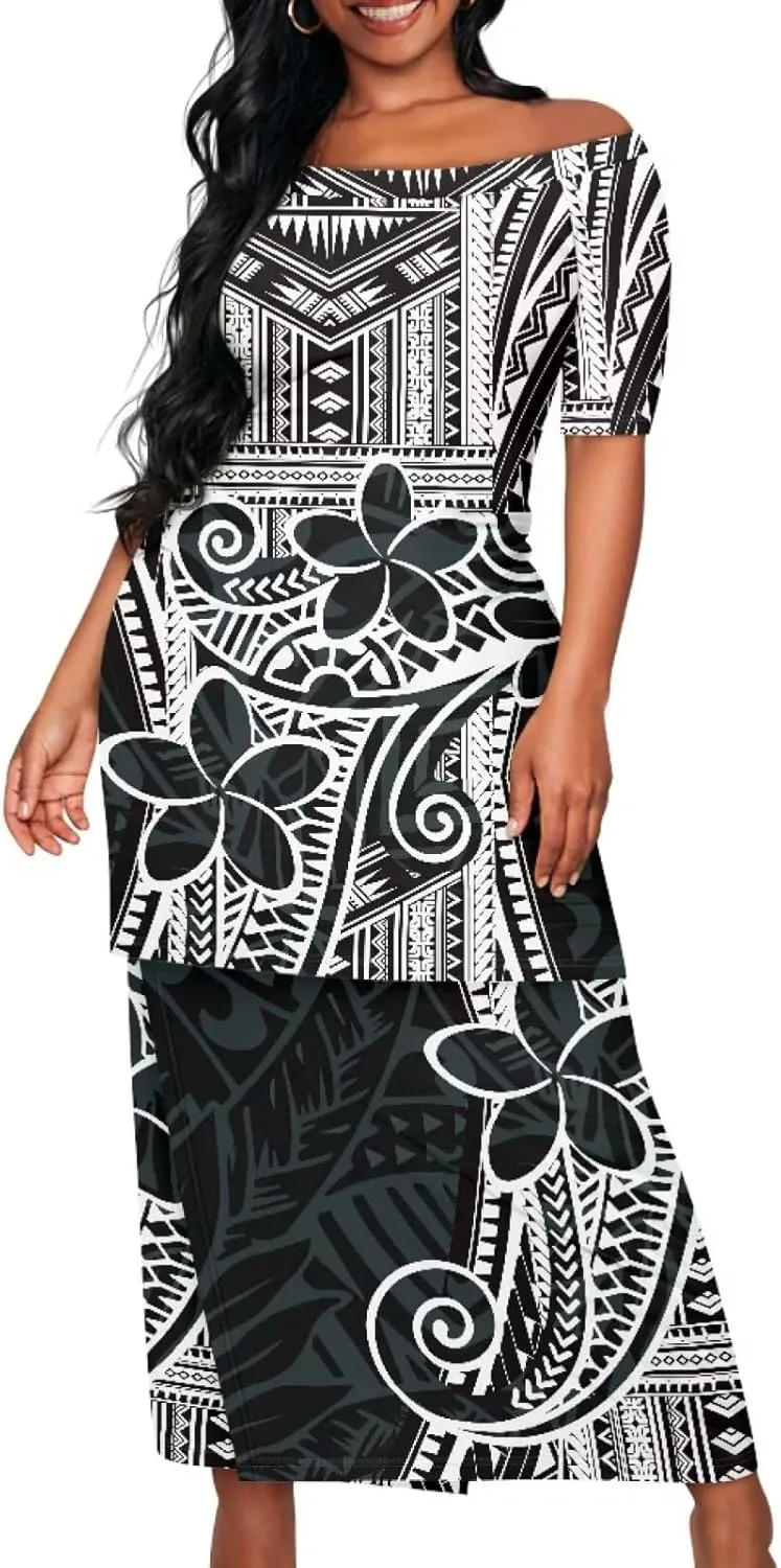 Puletasi Traditional Off Shoulder Dress Plus Size Tops and Skirt Sets