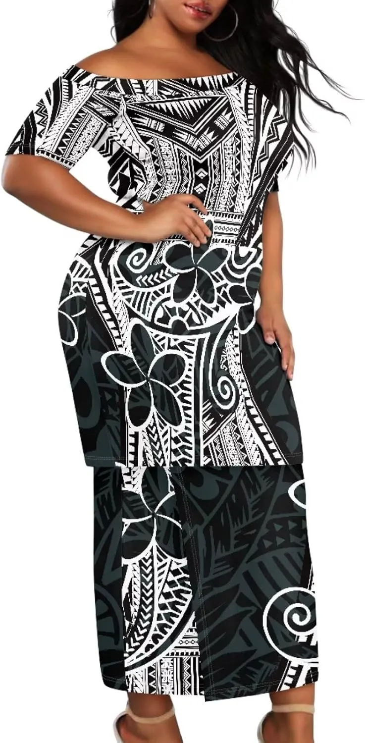 Puletasi Traditional Off Shoulder Dress Plus Size Tops and Skirt Sets