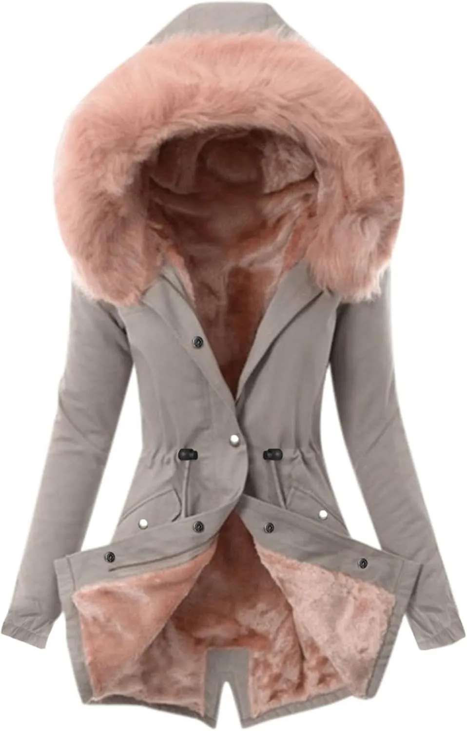Qeaghou Fleece Lined Winter Coats for Women Warm Trench Coat Furry Windbreaker Ski Jacket Fuzzy Solid Jacket with Hood